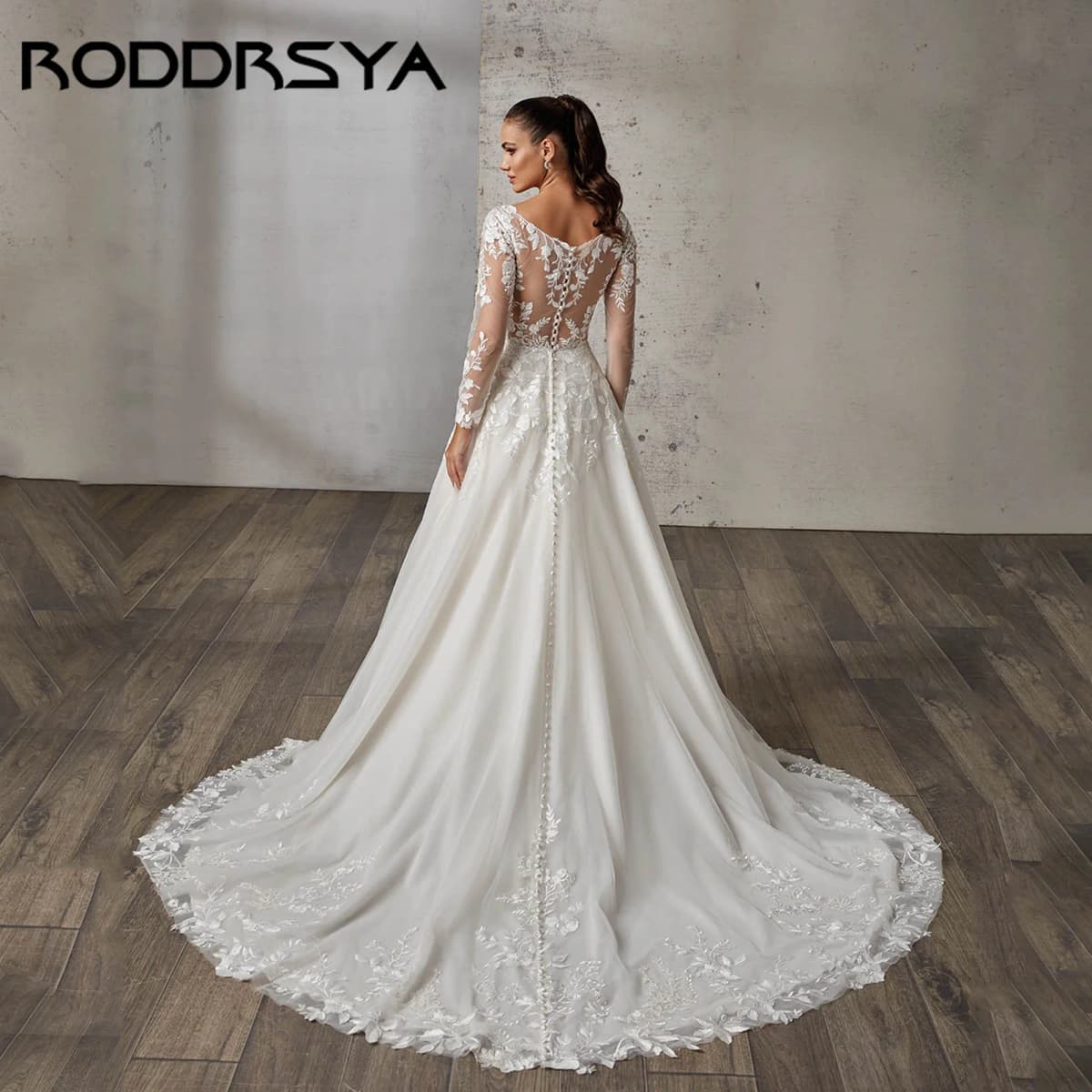 RODDRSYA Dreamy A-line Wedding Dress With Long Sleeves Illusion Back Bridal Gowns V-neck Appliques vestidos de novia Customized