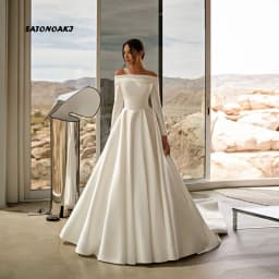 Customized Elegant Off Shoulder Ivory Satin Wedding Dress for Bride Long Sleeves A-Line Bride Gown Court Train Vestidos De Novia