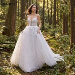 BEPEITHY Customizd Glitter V Neck Lace Wedding Dresses For Women Plus Size Ivory A-Line Bride Spaghetti Straps Bridal Gown 2026