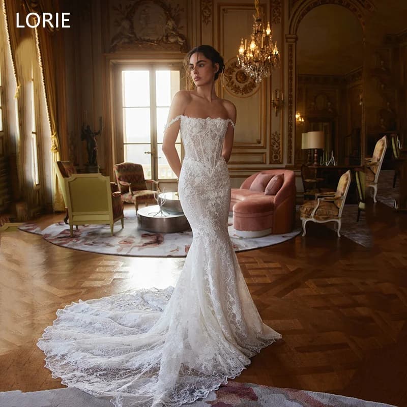 LORIE Illussion Lace Mermaid Wedding Dresses Off Shoulder Strapless Backless Bridal Gown Floor-Length Bride Gowns Customized