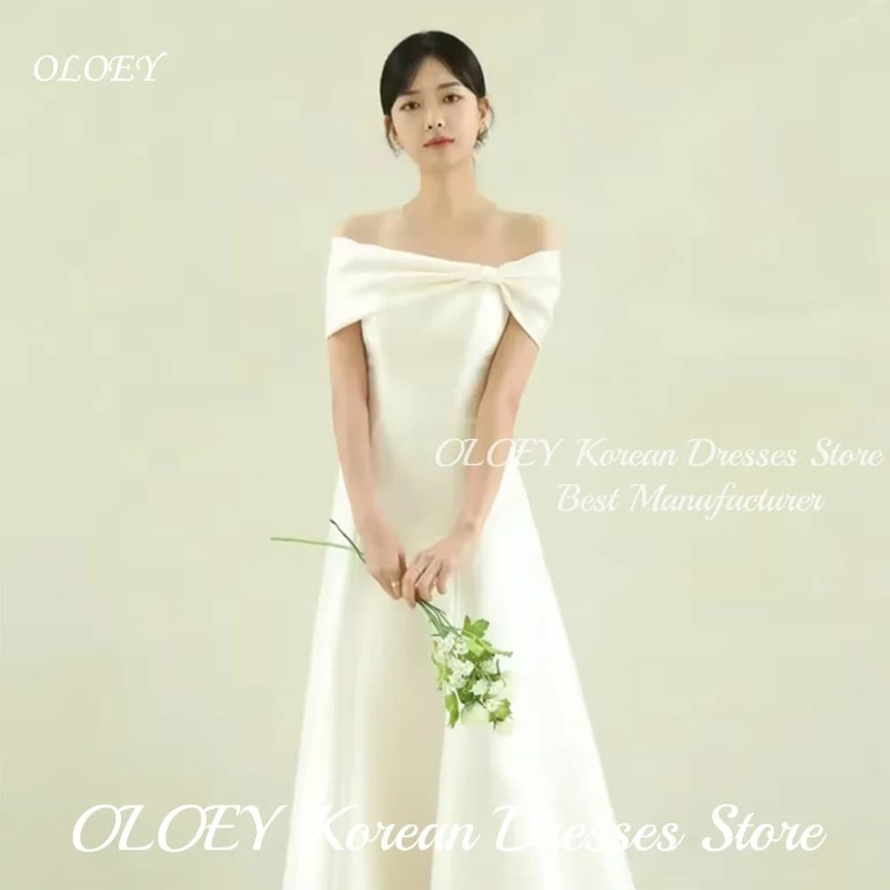 OLOEY Simple Off the Shoulder Korea Wedding Dresses A Line Corset Back Customized Bridal Gown Photos Shoot Satin Party Dress