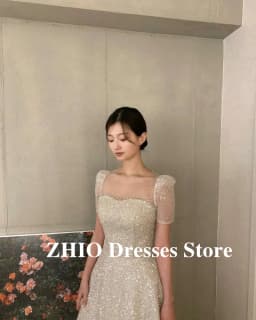 ZHIO Sparkly Glitter Wedding Dresses Korea Photo shoot Short Sleeves Square Neck Tulle Bride Gowns Shiny Evening Customized