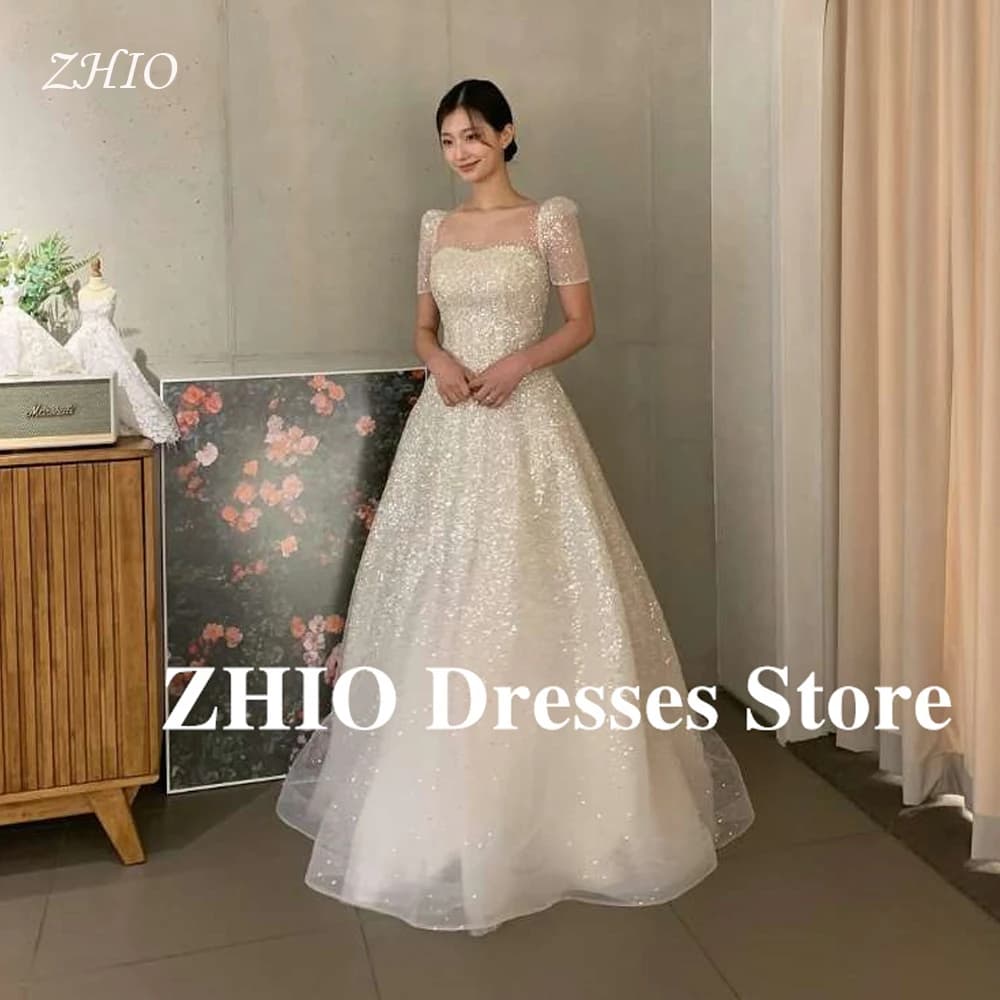 ZHIO Sparkly Glitter Wedding Dresses Korea Photo shoot Short Sleeves Square Neck Tulle Bride Gowns Shiny Evening Customized