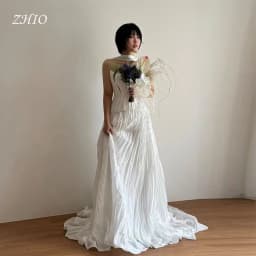 ZHIO Modern Pleat Wedding Party Dress Strapless Tiered White Satin Korea Photo Shoot Bridal Reception Gown Customized웨딩드레스