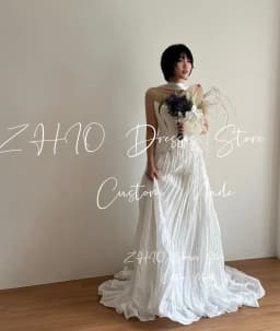 ZHIO Modern Pleat Wedding Party Dress Strapless Tiered White Satin Korea Photo Shoot Bridal Reception Gown Customized웨딩드레스