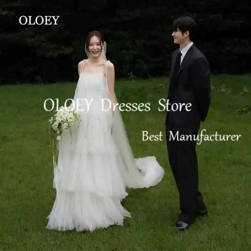 OLOEY Soft Layered Tulle Floor Length Wedding Dresses Korea Photoshoot Spaghetti Straps Bridal Gown Vestido De Noiva 2025