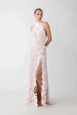 Luna Customized Vintage Halter Lace Wedding Dress Mermaid Elgant Sleeveless Appliques Side High Slit Bridal Gown Bride Gown