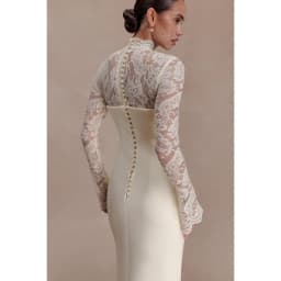 Rebecca Customized High Neck Lace Embroidery Prom Dress Floor-Length vestidos de noche Waist Cinching Elegant Evening Dresses