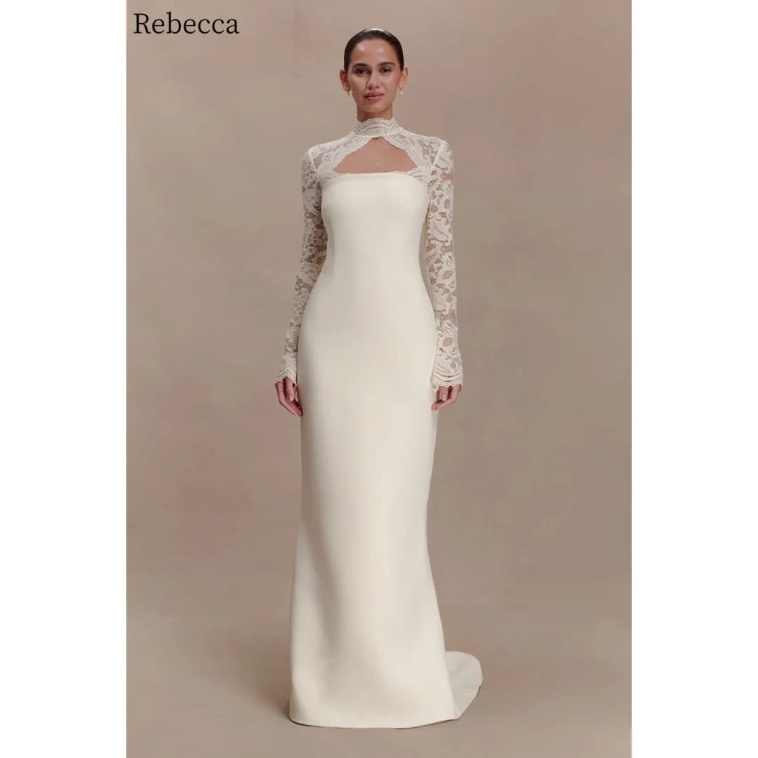 Rebecca Customized High Neck Lace Embroidery Prom Dress Floor-Length vestidos de noche Waist Cinching Elegant Evening Dresses