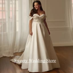 Plus Size Wedding Dress Vestido De Noiva Customized Off The Shoulder Sweetheart Beading Pearls A Line Satin Bridal Gown