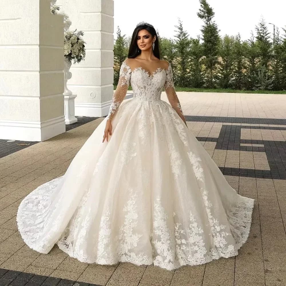 Customized Illusion Neck Wedding Dresses Long Sleeve Lace Bride Dress Ball Gown Women Vestidos de novia amanda novias oficial