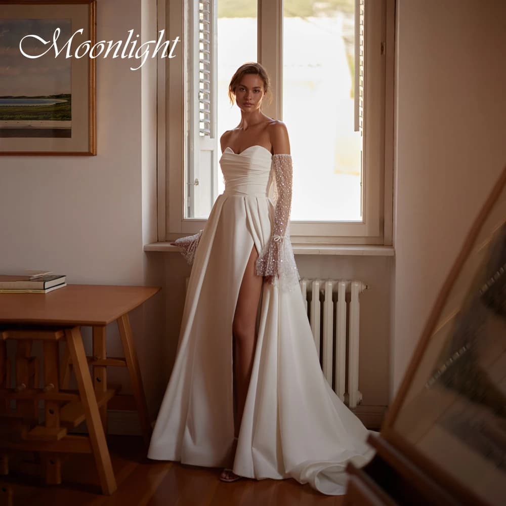 Simple Pleat Off The Shoulder A-Line Wedding Dress Women 2026 Sweetheart Open Back High Side Split Vestidos De Novia Customized