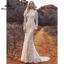 Mermaid Boho Beach Wedding Dresses with Back Buttons Lace High Neck Floral Print Long Sleeve Vestidos De Novia Customized 2025