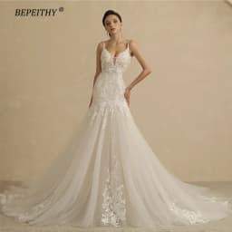 BEPEITHY Customized Sexy Backless Trumpet Lace Wedding Dresses For Women 2022 Bride V Neck Sleeveless Summer Mermaid Bridal Gown