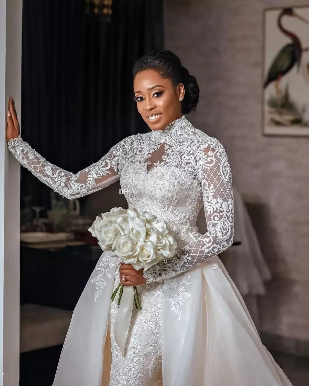 Graceful Lace A Line Wedding Dresses 2023 Beaded High Neck Plus Size Bridal Gowns Detachable Train Applique Long Sleeves Tulle