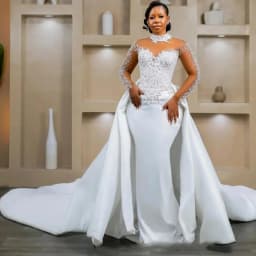 Elegant White Mermaid Lace Pearl Women's Wedding Dress Sexy High Neck Transparent Cuff Detachable Train Bridal Dress Customized