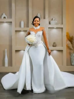 Elegant White Mermaid Lace Pearl Women's Wedding Dress Sexy High Neck Transparent Cuff Detachable Train Bridal Dress Customized
