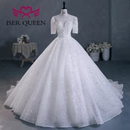 Customized hollow Back Sequin Tulle Luxury Wedding Dresses 2026 Chapel Train Short Sleeves Ivory Champagne Bride Dress WX0293