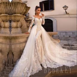 BEBEKEY Elegant Lace Wedding Dress With DetachableTrain Mermaid Wedding Party Gown Customized Bridal Dresses Formal Gowns