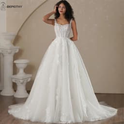 BEPEITHY Customized Spaghetti Straps A Line Glitter Beach Wedding Dresses 2025 Women Sleeveless Boho Bride Lace Bridal Gown