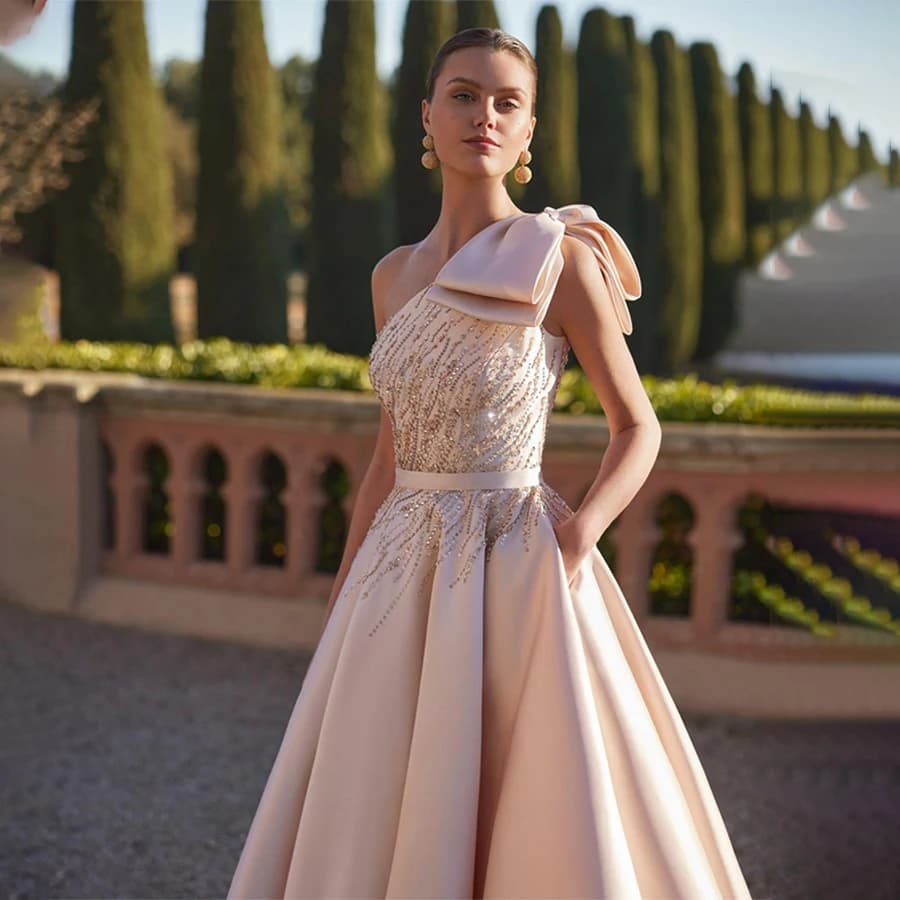 Customized One_Shoulder Sleeveless Top Beading Wedding Dress A-Line Backless Zipper Floor Length Evening Gowns