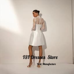 ISI New Fashion Two Pieces Short Wedding Dress Lace Satin High Neck With Buttons Party Evening Gown Customized vestido de novia