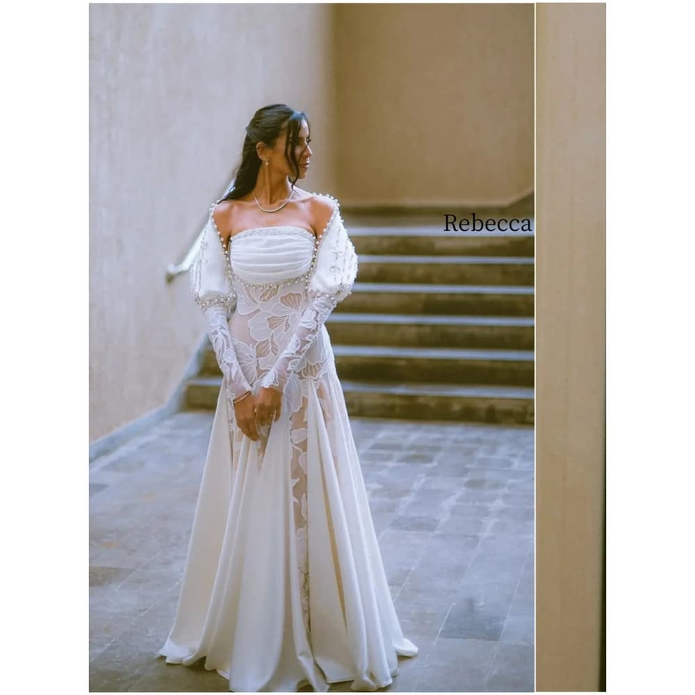 Rebecca Customized Elegant Strapless Pearls Wedding Dress Detachable Long Sleeves vestidos de noche Floor-Length Formal Evening