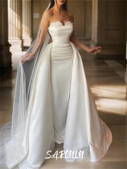 Two Pieves Women Wedding Dress with Pearls on Chest Part Strapless Bride Dresses with Detachable Train Soft Satin Bridal Gown