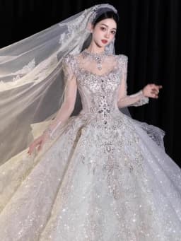 Full Sleeve Wedding Dresses Shinny Wedding Dress Classic High Neck With Brush Train Luxury Ball Gown Customized Party Dress