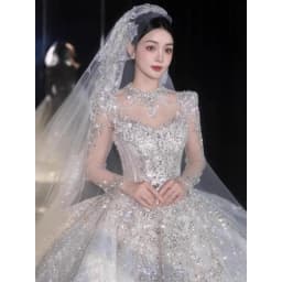 Full Sleeve Wedding Dresses Shinny Wedding Dress Classic High Neck With Brush Train Luxury Ball Gown Customized Party Dress