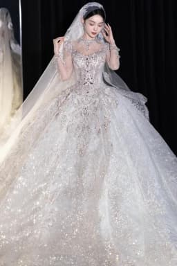 Full Sleeve Wedding Dresses Shinny Wedding Dress Classic High Neck With Brush Train Luxury Ball Gown Customized Party Dress