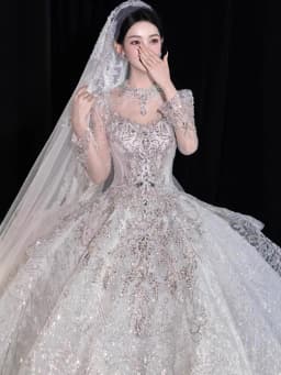 Full Sleeve Wedding Dresses Shinny Wedding Dress Classic High Neck With Brush Train Luxury Ball Gown Customized Party Dress