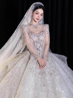 Full Sleeve Wedding Dresses Shinny Wedding Dress Classic High Neck With Brush Train Luxury Ball Gown Customized Party Dress