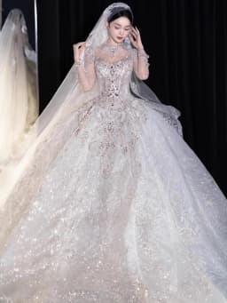 Full Sleeve Wedding Dresses Shinny Wedding Dress Classic High Neck With Brush Train Luxury Ball Gown Customized Party Dress
