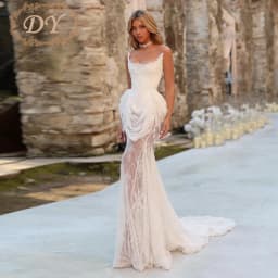 DY Unique Ivory Lace Mermaid Wedding Dresses Strapless Pearl Tassels Bridal Gowns Customized Lace-up Vestidos De Novia Sweep Tai