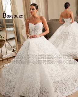 BONJOURY Dapper Wedding Dresses for Women A-line Sleeveless Zipper Sleeveless Court Train Vestido De Casamento Customized