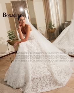 BONJOURY Dapper Wedding Dresses for Women A-line Sleeveless Zipper Sleeveless Court Train Vestido De Casamento Customized
