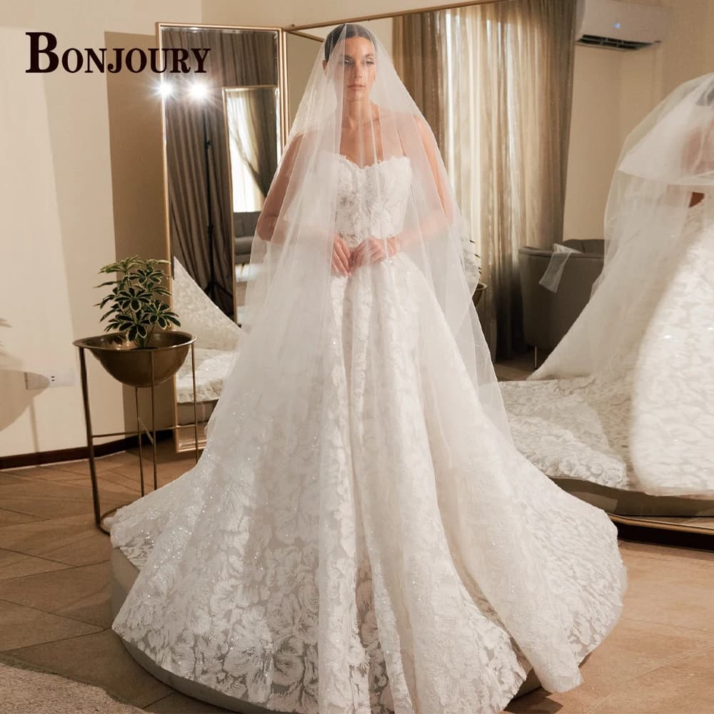 BONJOURY Dapper Wedding Dresses for Women A-line Sleeveless Zipper Sleeveless Court Train Vestido De Casamento Customized