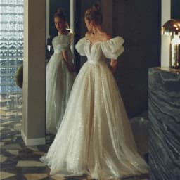 Glitter A Line Two Pieces Wedding Dresses with Detachable Skirt Off Shoulder Short Puff Sleeves Bridal Party Gowns Princess