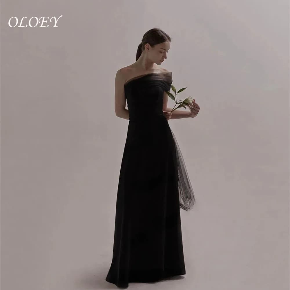 OLOEY Black Strapless Korea Evening Dress With Bolero Tulle One Shoulder A Line Elastic Satin Formal Party Dress Wedding Gown