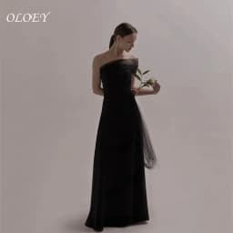OLOEY Black Strapless Korea Evening Dress With Bolero Tulle One Shoulder A Line Elastic Satin Formal Party Dress Wedding Gown