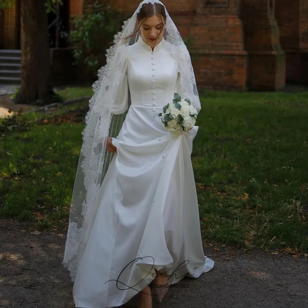 QICHE Modest Satin Muslim Wedding Dresses High Collar Long Sleeves Buttons Bridal Gown Customized vestidos de novia for Bride