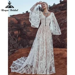Charming A Line Boho Bohemian Wedding Dresses Lace Appliques V Neck Long Flare Sleeve Backless Bride Gowns robe soirée mariage