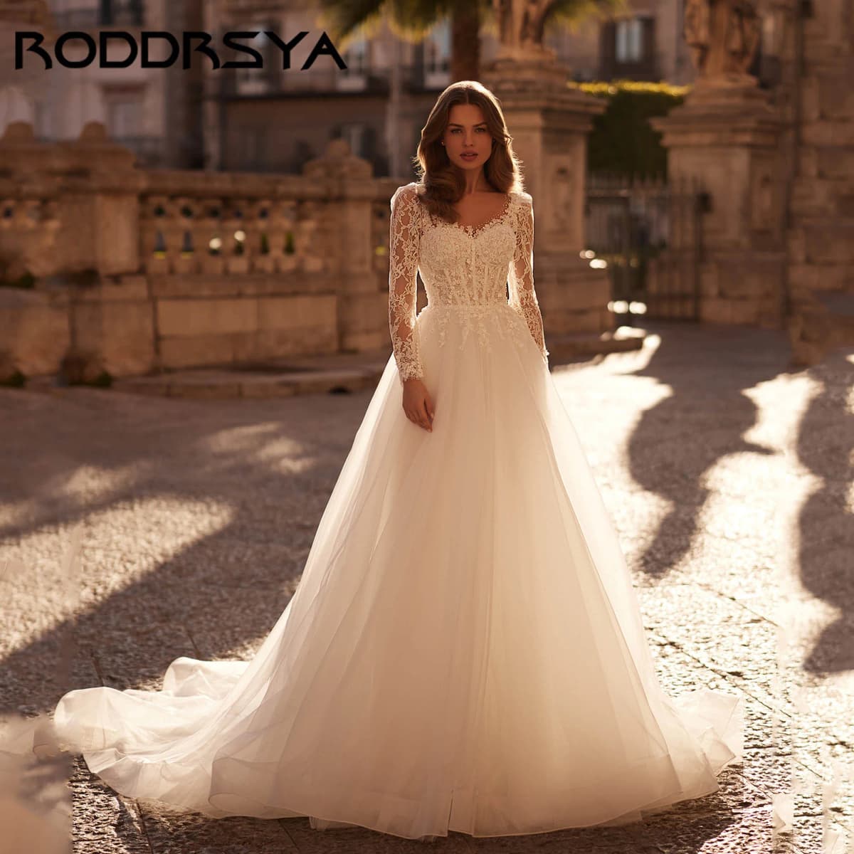 RODDRSYA Classic Elegance Wedding Dress A-line Long Sleeves Lace Bridal Gowns Women Tulle O-neck vestidos de novia Customized