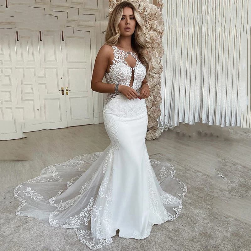Sexy Mermaid Wedding Dresses Open Back Scoop Neck Plus Size Lace Appliques Bridal Gowns Sweep Train Vestido De Casamento