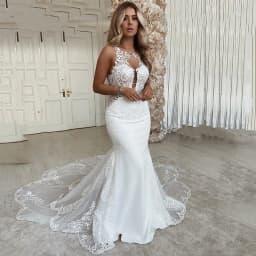 Sexy Mermaid Wedding Dresses Open Back Scoop Neck Plus Size Lace Appliques Bridal Gowns Sweep Train Vestido De Casamento