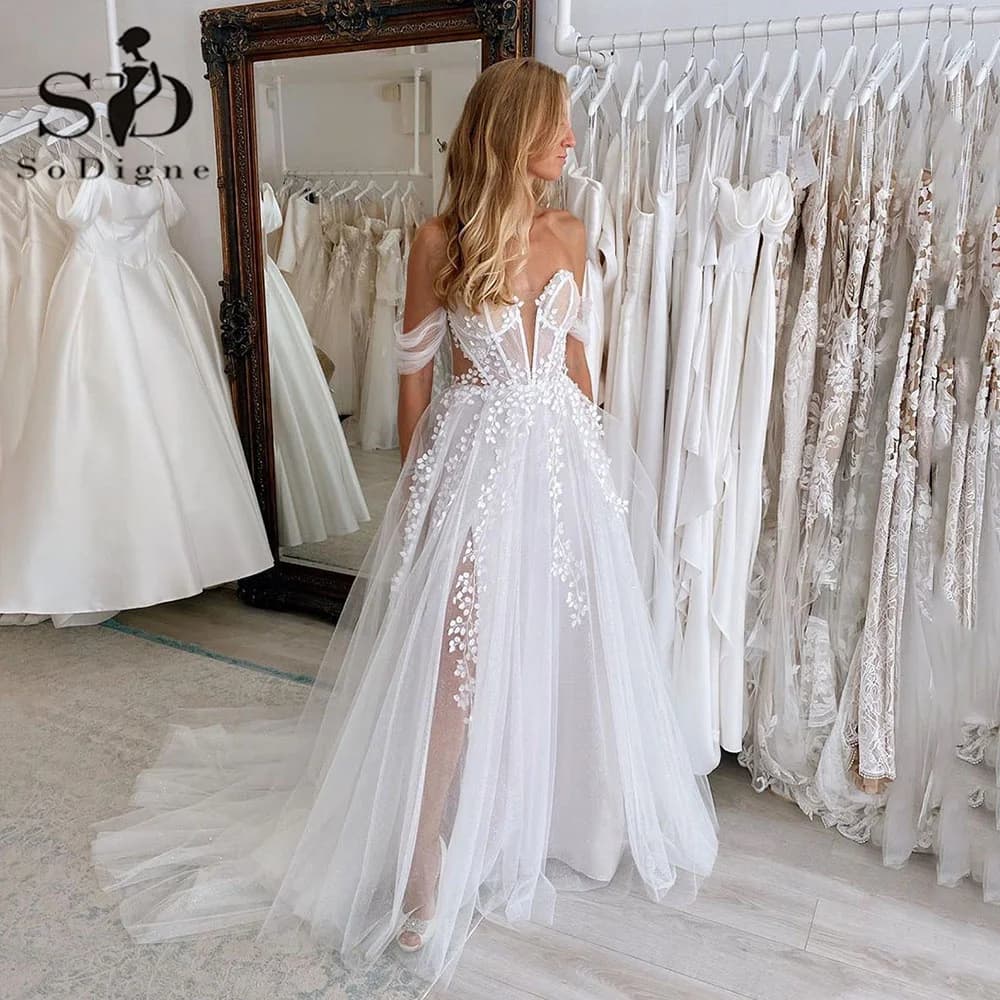 SoDigne Vintage Glitter Tulle Wedding Dresses 2024 Sweetheart Side Split A-Line Bridal Gowns Princess Bride Dress Customized