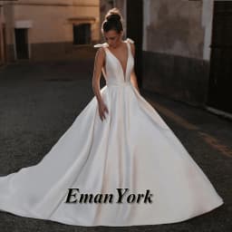 EmanY Charming V-neck Wedding Dresses for Woman Satin A-line Backless Button Pleated Bowknot Vestidos De Novia Customized