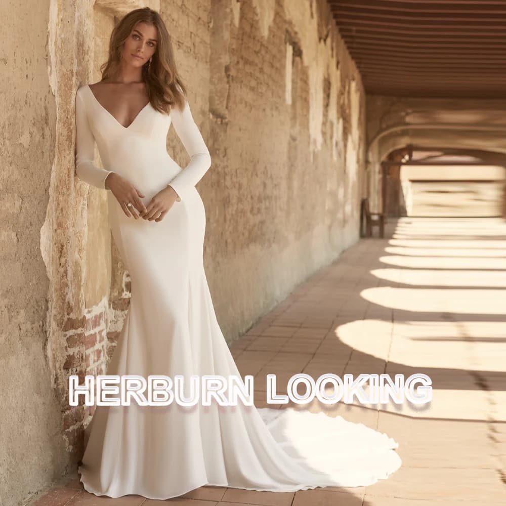 HERBURN Vintage V-neck Bridal Dress for Women Backless Court Train with Long Sleeves Mermaid Robe De Mariee Customized