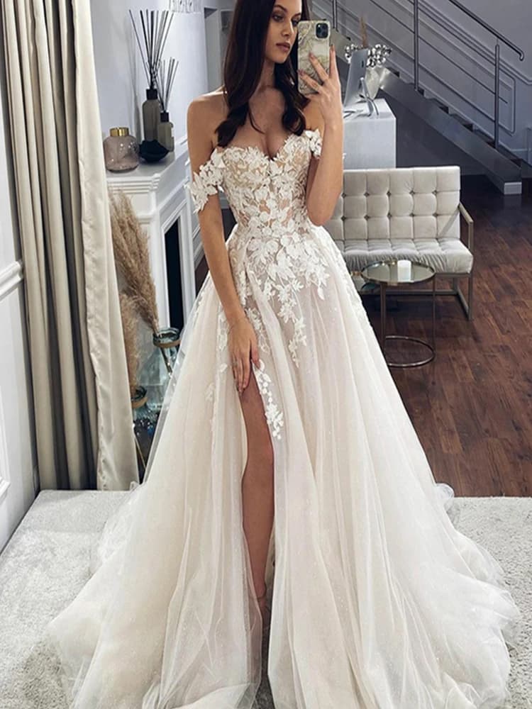 Elegant Lace A-line Wedding Dresses Off The Shoulder Sweetheart Neck Bridal Gowns Side Split Vintage Appliques Vestido de novia